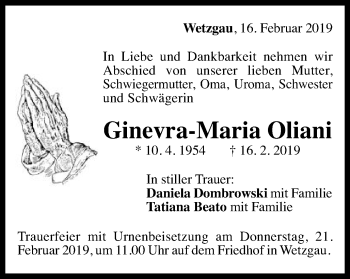 Traueranzeige von Ginevra-Maria Oliani von Gmünder Tagespost