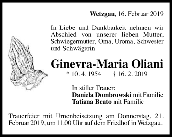 Traueranzeige von Ginevra-Maria Oliani