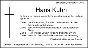 Traueranzeige von Hans Kuhn von Schwäbische Post