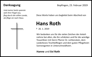 Traueranzeige von Hans Roth von Schwäbische Post