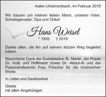 Traueranzeige von Hans Weisel von Schwäbische Post
