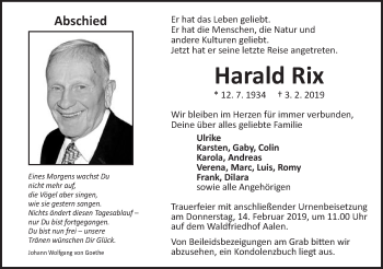 Traueranzeige von Harald Rix von Schwäbische Post