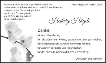 Traueranzeige von Hedwig Hägele von Gmünder Tagespost