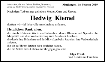 Traueranzeige von Hedwig Kiemel von Gmünder Tagespost