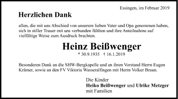 Traueranzeige von Heinz Beißwenger von Schwäbische Post