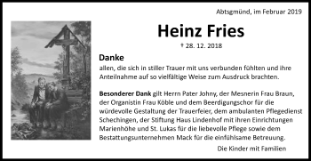 Traueranzeige von Heinz Fries von Schwäbische Post