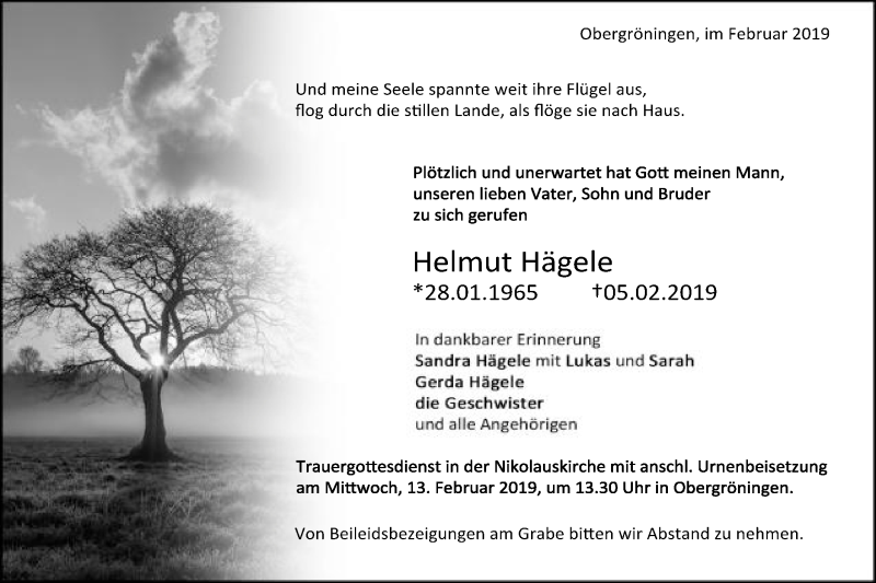  Traueranzeige für Helmut Hägele vom 09.02.2019 aus Gmünder Tagespost