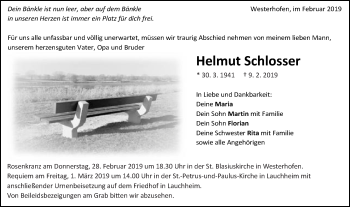 Traueranzeige von Helmut Schlosser von Schwäbische Post