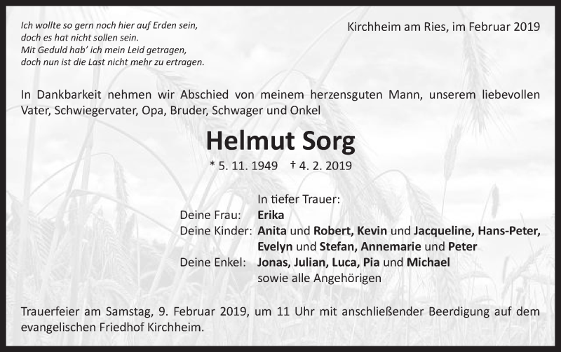  Traueranzeige für Helmut Sorg vom 07.02.2019 aus Schwäbische Post