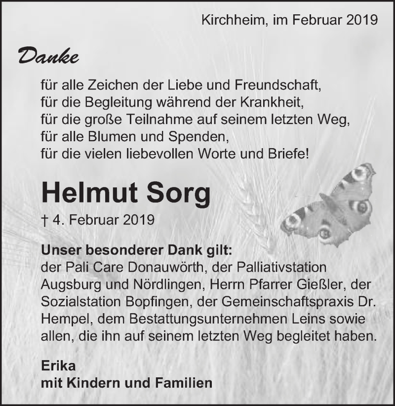  Traueranzeige für Helmut Sorg vom 22.02.2019 aus Schwäbische Post