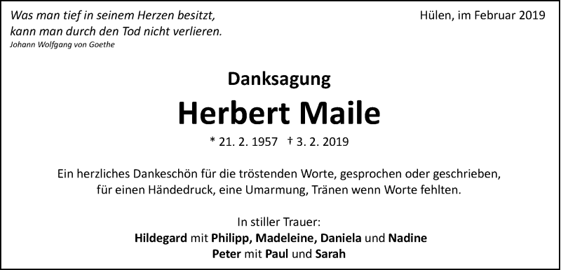  Traueranzeige für Herbert Maile vom 21.02.2019 aus Schwäbische Post