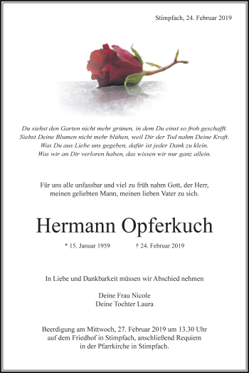 Traueranzeige von Hermann Opferkuch von Schwäbische Post