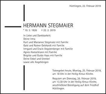 Traueranzeige von Hermann Stegmaier von Schwäbische Post
