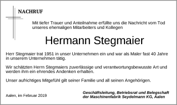 Traueranzeige von Hermann Stegmaier von Schwäbische Post