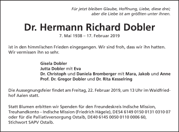 Traueranzeige von Hermann Richard Dobler von Schwäbische Post