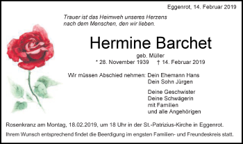 Traueranzeige von Hermine Barchet von Schwäbische Post