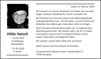 Traueranzeige von Hilde Haisch von Schwäbische Post