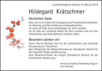 Traueranzeige von Hildegard Krätschmer von Gmünder Tagespost