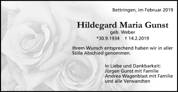 Traueranzeige von Hildegard Maria Gunst von Gmünder Tagespost
