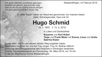 Traueranzeige von Hugo Schmid von Schwäbische Post