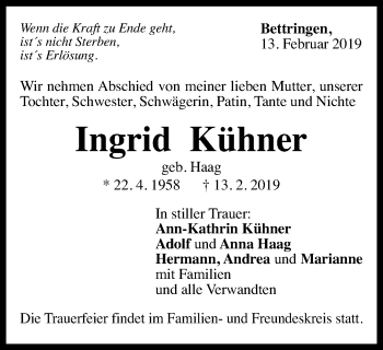 Traueranzeige von Ingrid Kühner von Gmünder Tagespost