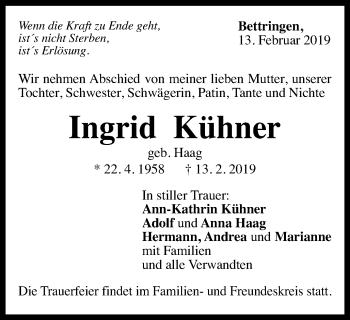 Traueranzeige von Ingrid Kühner