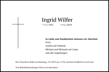 Traueranzeige von Ingrid Wilfer von Gmünder Tagespost