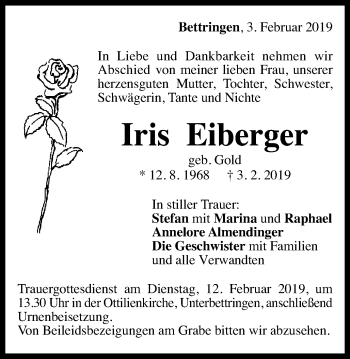 Traueranzeige von Iris Eiberger von Gmünder Tagespost