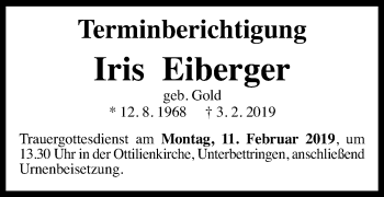 Traueranzeige von Iris Eiberger von Gmünder Tagespost