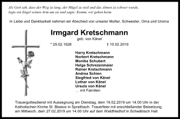 Traueranzeige von Irmgard Kretschmann von Gmünder Tagespost