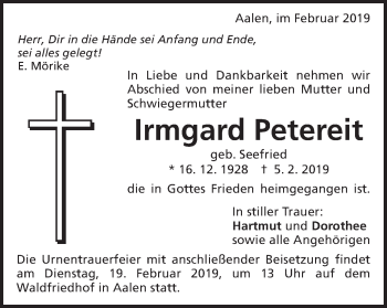 Traueranzeige von Irmgard Petereit von Schwäbische Post