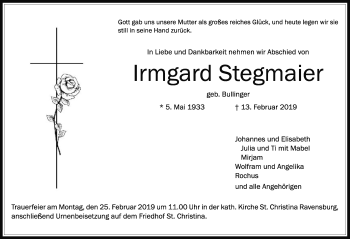Traueranzeige von Irmgard Stegmaier von Schwäbische Post