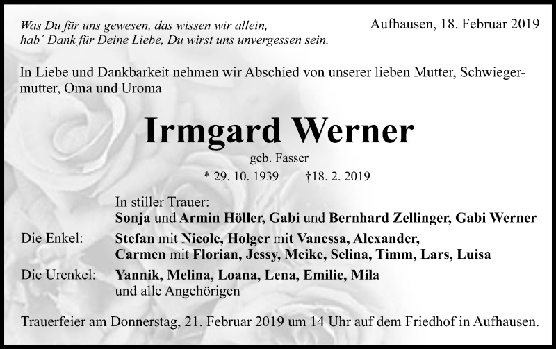  Traueranzeige für Irmgard Werner  vom 20.02.2019 aus Schwäbische Post