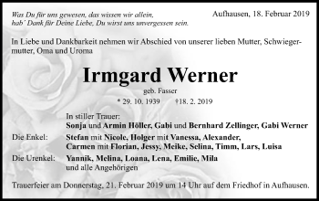 Traueranzeige von Irmgard Werner  von Schwäbische Post