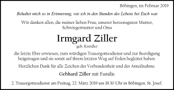 Traueranzeige von Irmgard Ziller von Gmünder Tagespost