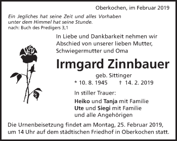 Traueranzeige von Irmgard Zinnbauer von Amtsblatt_Oko