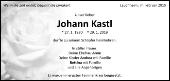 Traueranzeige von Johann Kastl von Schwäbische Post