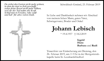 Traueranzeige von Johann Lebisch  von Gmünder Tagespost