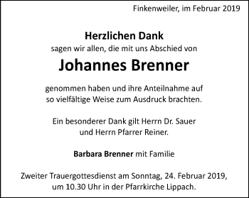 Traueranzeige von Johannes Brenner von Schwäbische Post