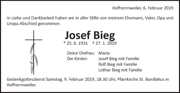 Traueranzeige von Josef Bieg von Schwäbische Post