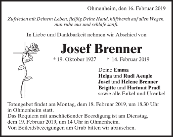 Traueranzeige von Josef Brenner von Schwäbische Post