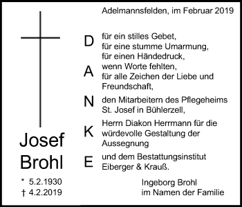Traueranzeige von Josef Brohl von Schwäbische Post