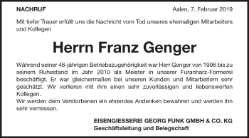 Traueranzeige von Josef Genger von Schwäbische Post