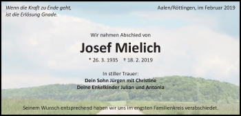 Traueranzeige von Josef Mielich von Schwäbische Post