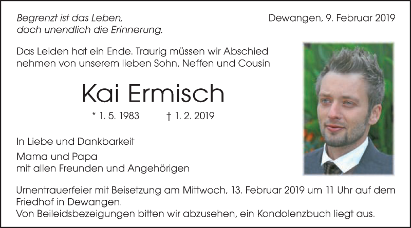  Traueranzeige für Kai Ermisch vom 09.02.2019 aus Schwäbische Post