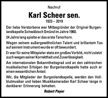 Traueranzeige von Karl Scheer von Gmünder Tagespost