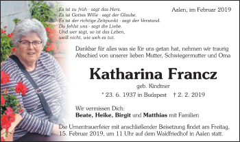 Traueranzeige von Katharina Francz von Schwäbische Post