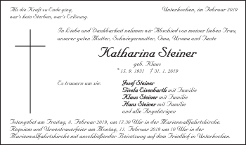 Traueranzeige von Katharina Steiner von Schwäbische Post