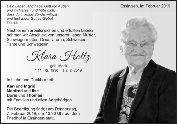 Traueranzeige von Klara Holtz von Schwäbische Post