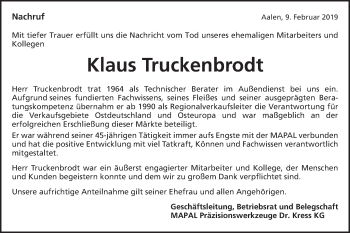 Traueranzeige von Klaus Truckenbrodt von Schwäbische Post